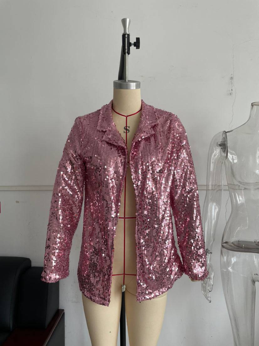 Stylish Sequin Collared Blazer for Women  XS Coral Red 