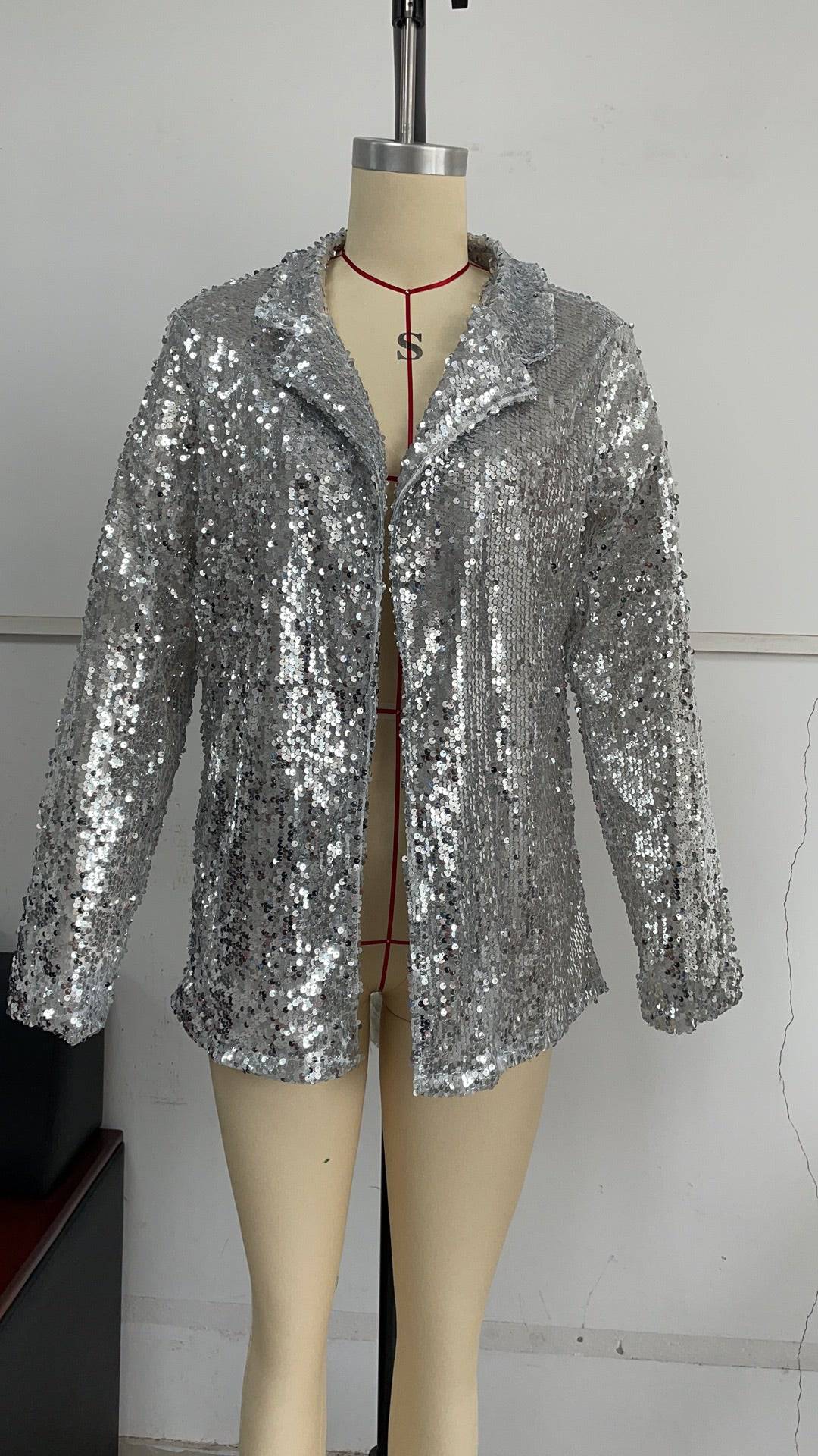 Stylish Sequin Collared Blazer for Women  XS Silver 