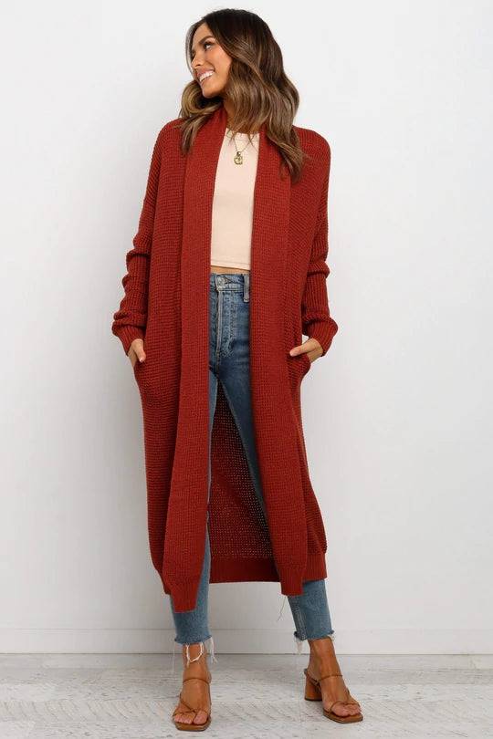 Warm and Comfortable Knitted Cardigan - Long Loose-Fit Sweater for Women  S Jujube Red 