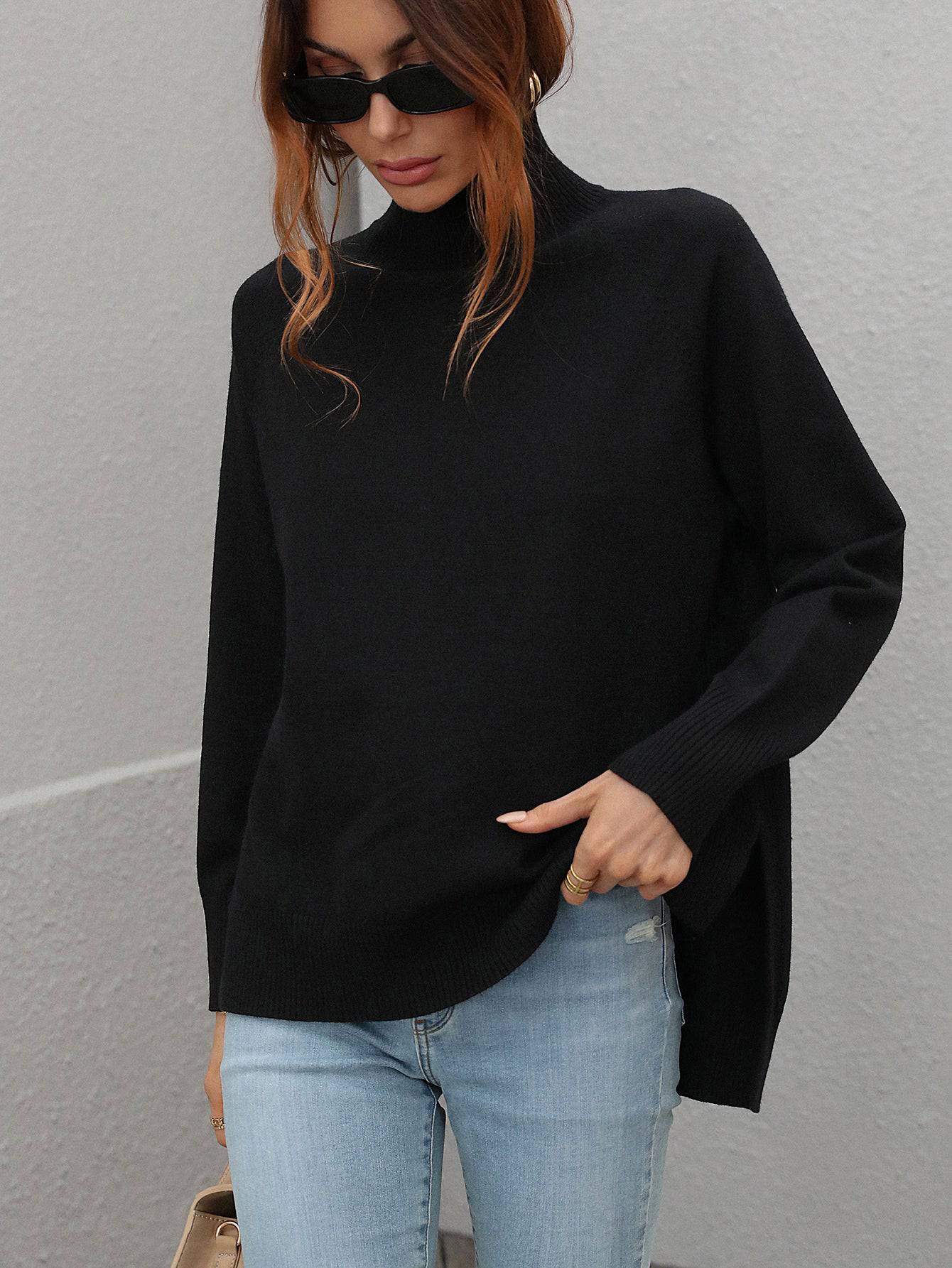 Women's Solid Color Turtleneck Sweater for Autumn and Winter  S Black 