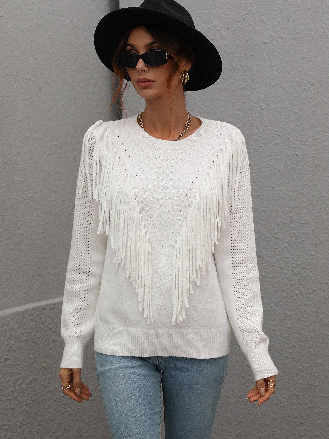 Tassel Detail Loose Pullover Sweater for Women  S White 