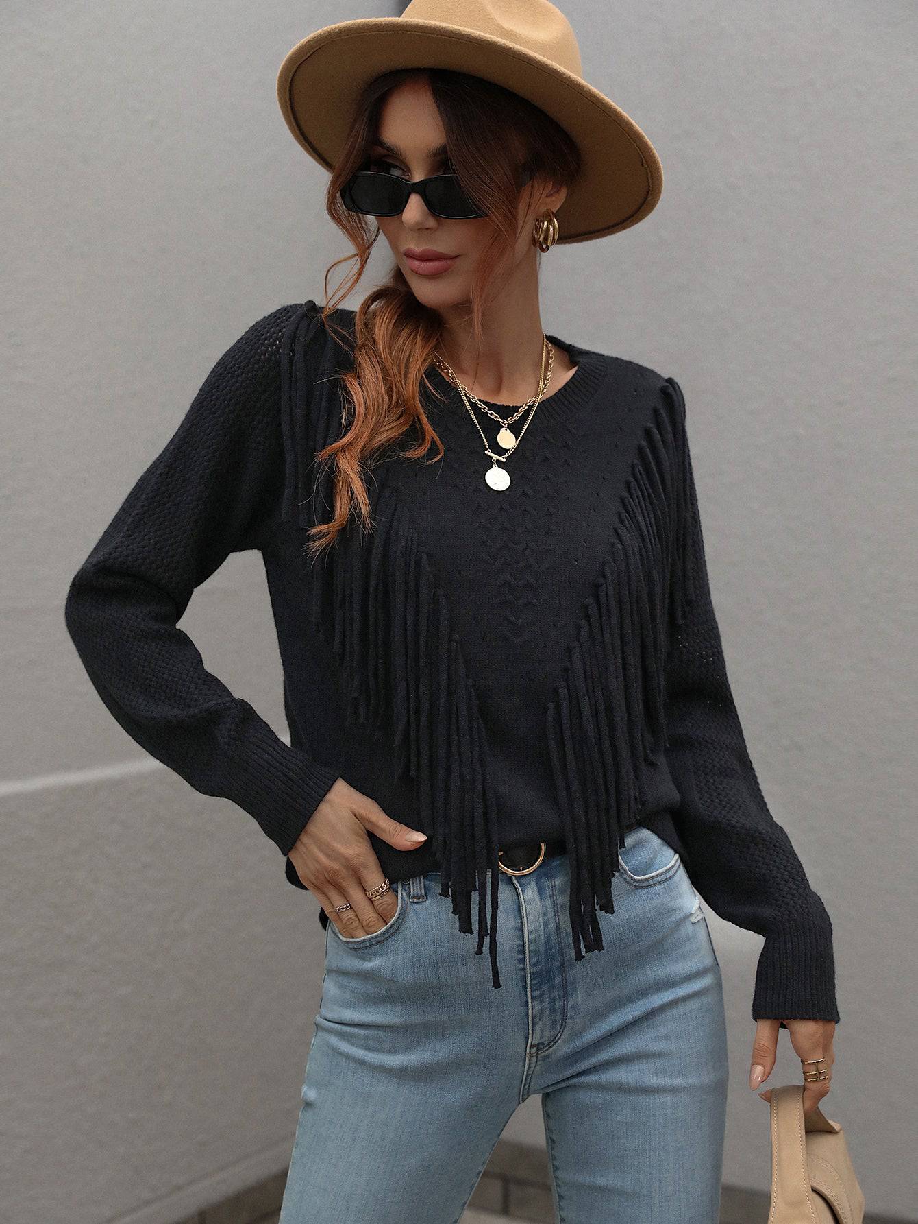 Tassel Detail Loose Pullover Sweater for Women  S Black 