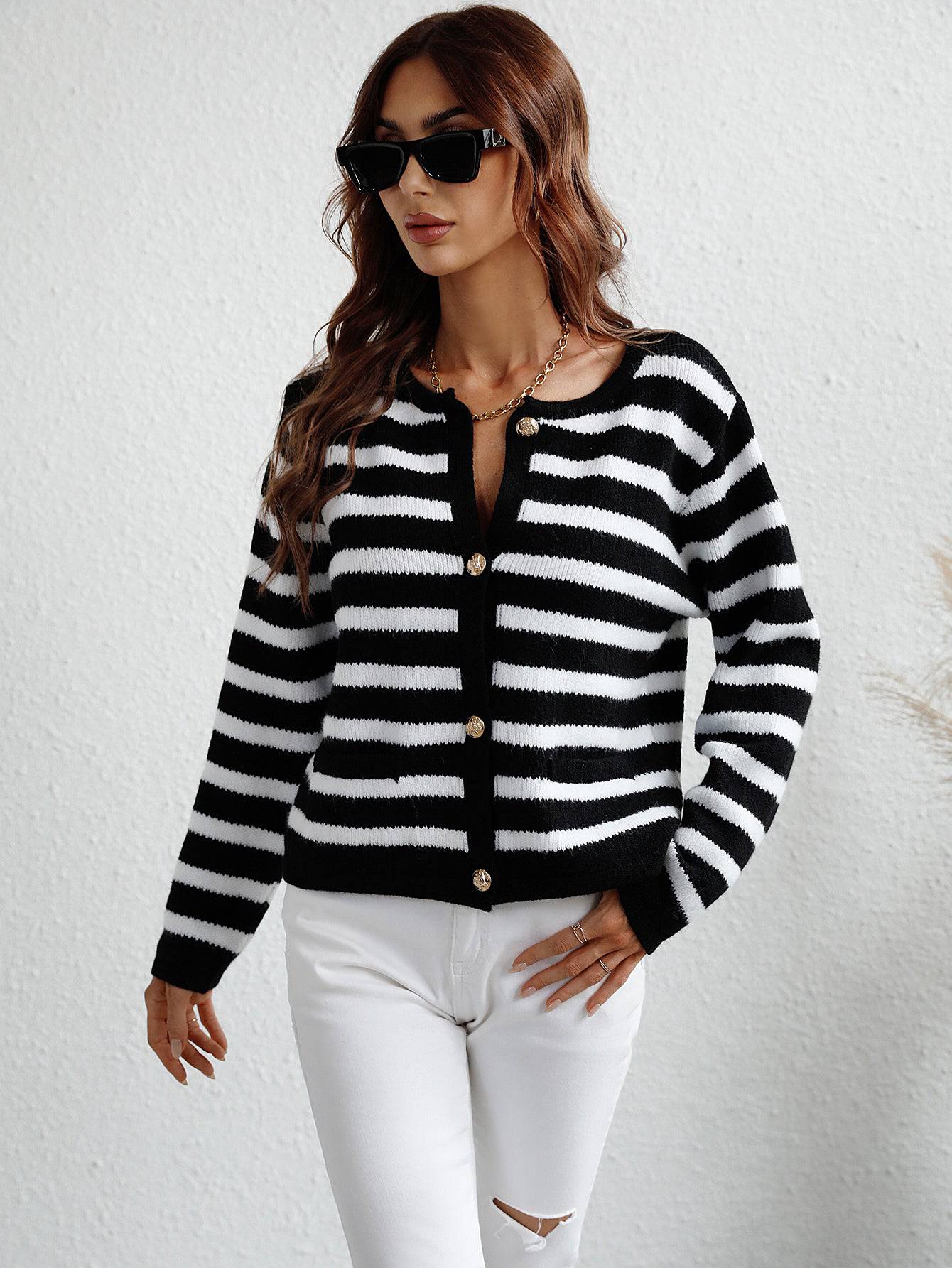 Striped Loose Fit Cardigan Sweater for Autumn and Winter  S Black 