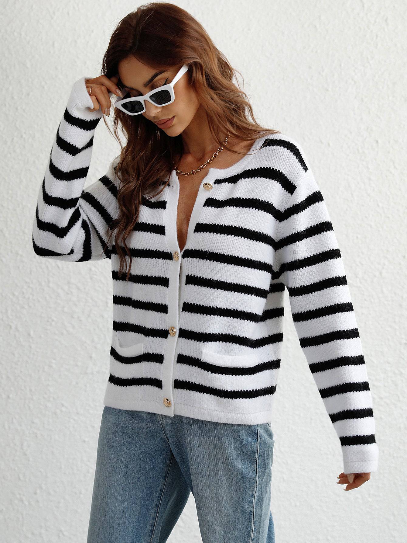 Striped Loose Fit Cardigan Sweater for Autumn and Winter  S White 