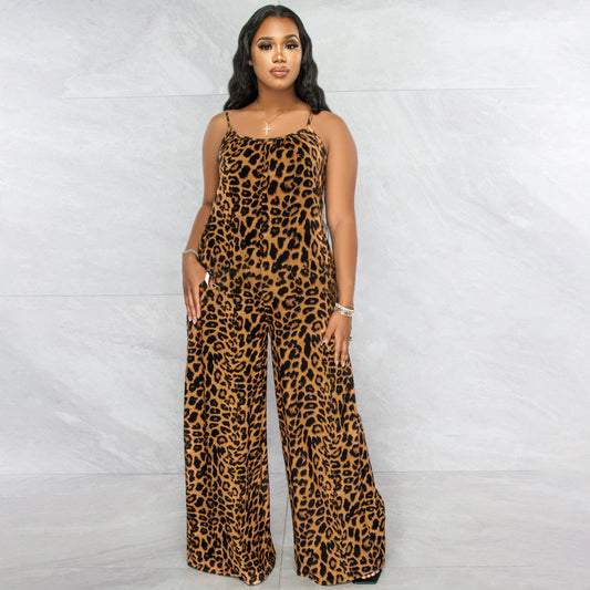 Plus Size New Jumpsuit Summer Leopard Print Sling Casual Jumpsuit - Wild Amber Fashion