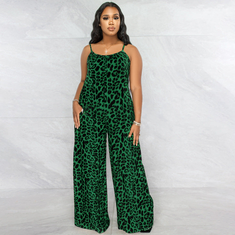 Plus Size New Jumpsuit Summer Leopard Print Sling Casual Jumpsuit - Wild Amber Fashion