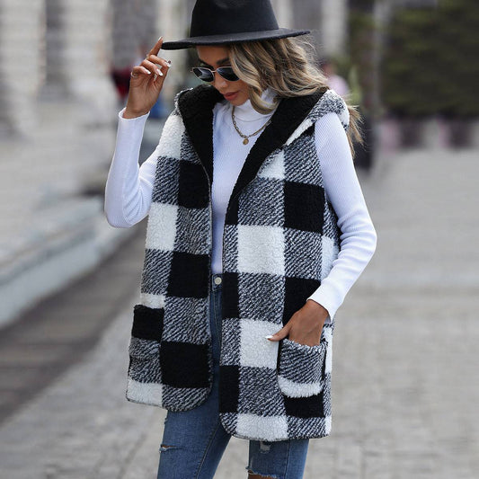 Plush Plaid Sleeveless Hooded Coat for Women  S Black 