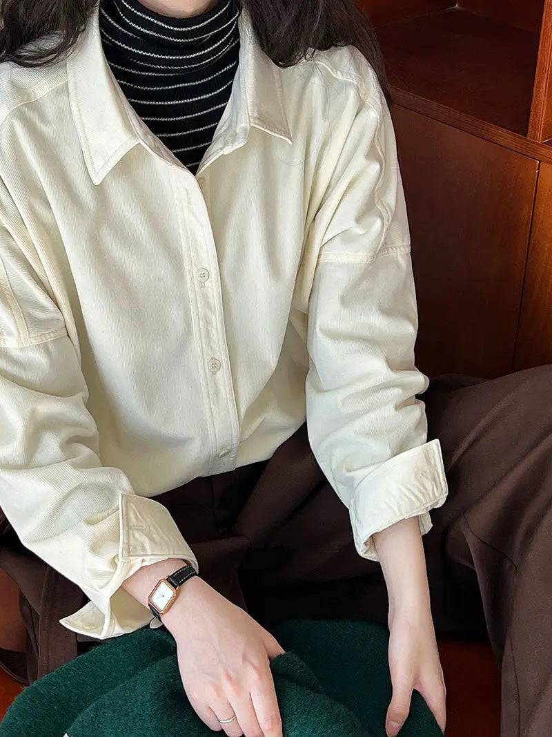 Japanese Minimalist Thickened Sanded Fabric Corduroy Shirt Women Fall Winter Inner Wear Bottoming Bandage Dress Shirt  M Milk Apricot 