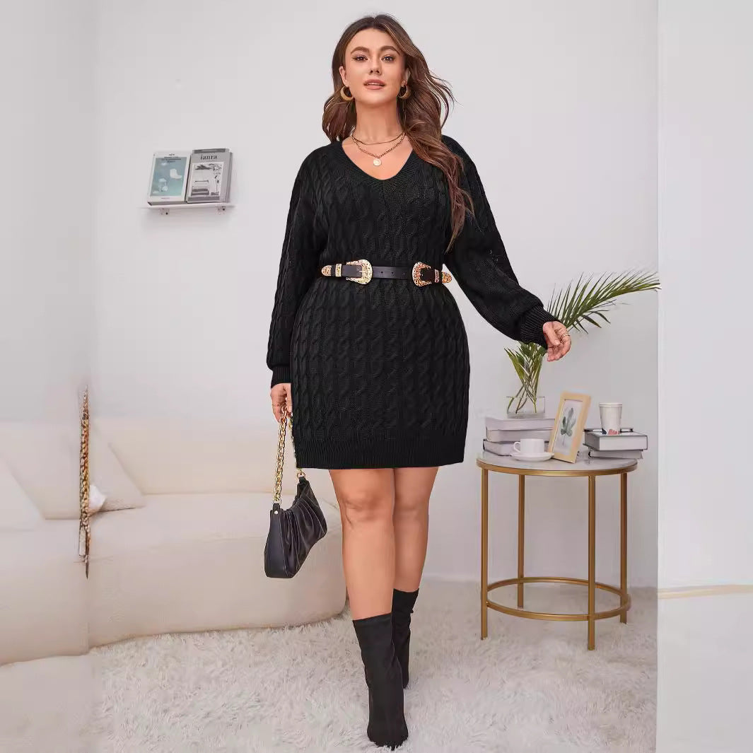 Sweater Dress Women Clothing Custom One Piece Woolen V Neck Knitted Dress No Belt - Wild Amber Fashion