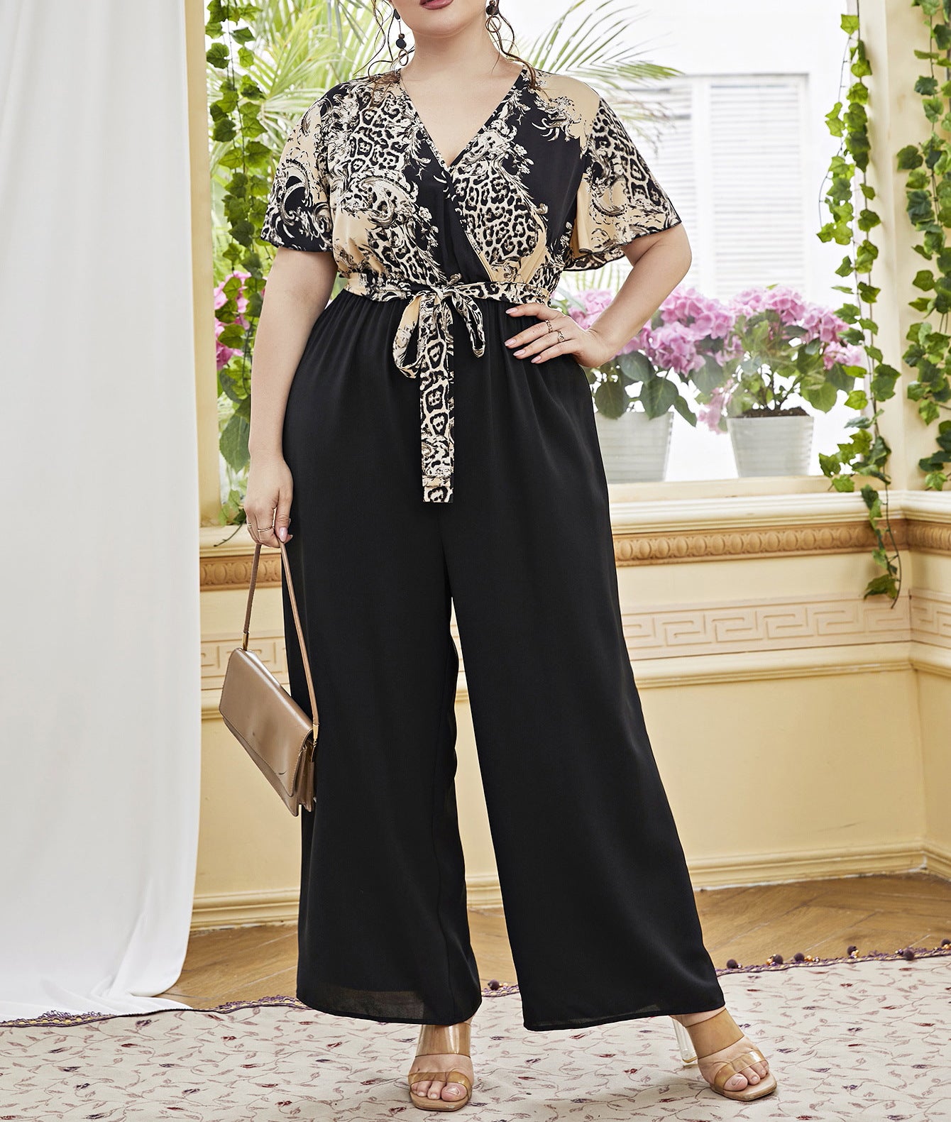 V neck Jumpsuit Vintage Pattern Stitching Printing Lace up Waist Straight Loose High Waist Jumpsuit Wide Leg Pants - Wild Amber Fashion