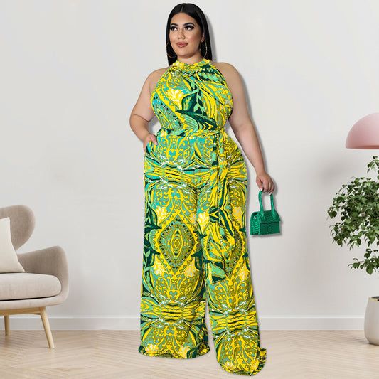 Plus Size Women Clothes Printing Collar Jumpsuit - Wild Amber Fashion