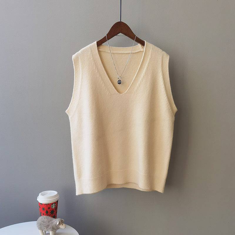 Knitted Vest Women Spring Preppy V neck Loose Idle Sleeveless Waistcoat  One Size Beige 