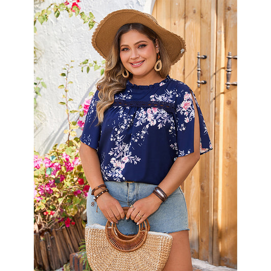 Plus Size Plump Girls Printed Shirt round Neck Loose Casual Design Sleeve Casual Women Shirt - Wild Amber Fashion