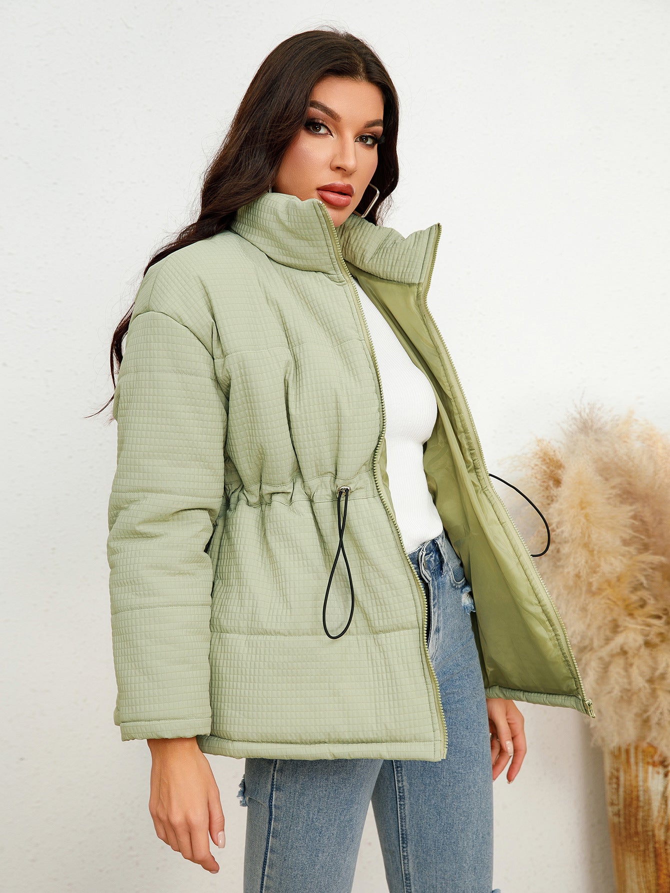 Women Wear Corduroy Cotton Coat Winter Loose Collared Zipper Cinched Drawstring Cotton Padded Coat - Wild Amber Fashion