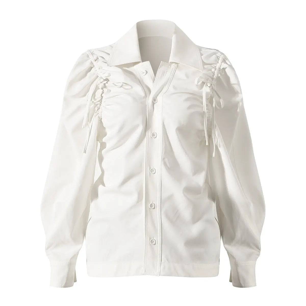 Elegant Slim Fit Long Sleeve White Shirt for Women with Drawstring Detail  S White 