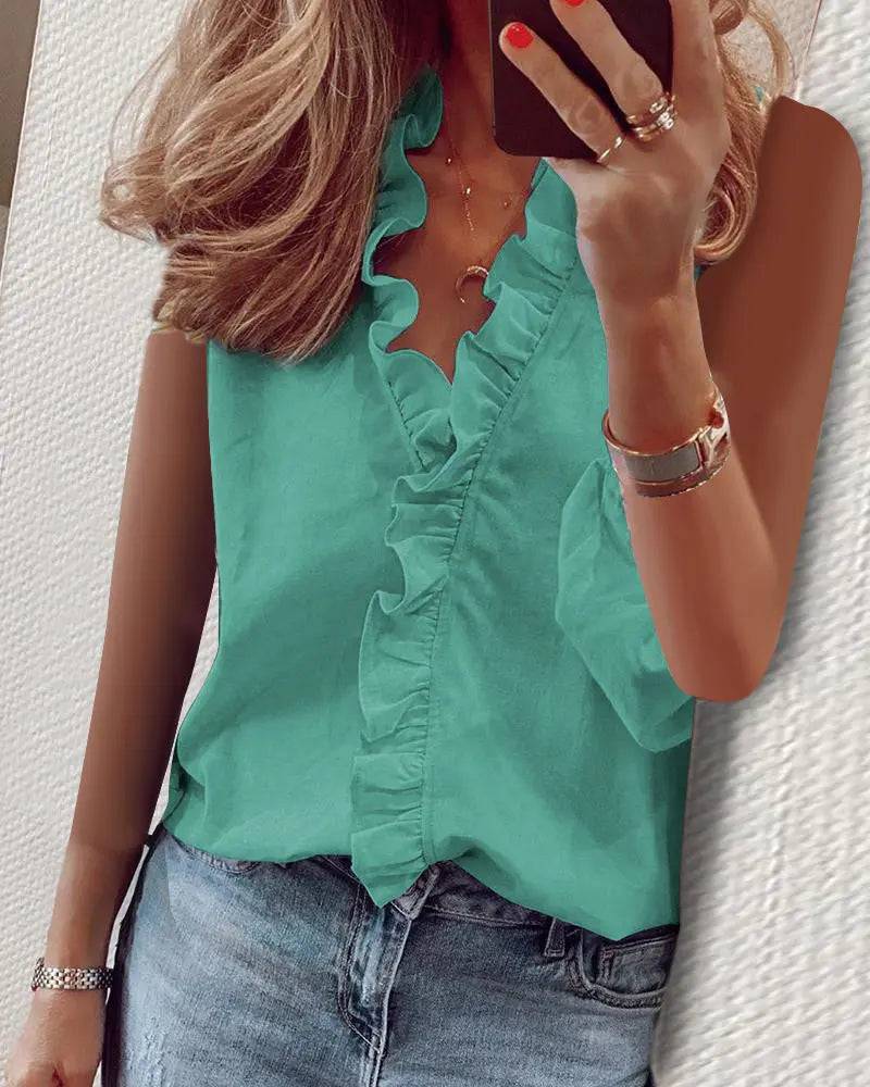 Spring Summer Elegant Long Sleeve Ruffle Blouse for Women  S Vest-Green 