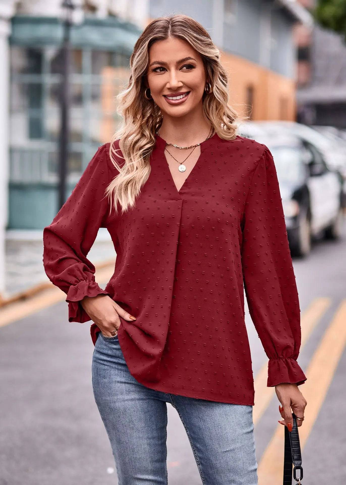 Stylish Fall Jacquard T-Shirt with V-Neck and Long Sleeves  S Jujube Red 