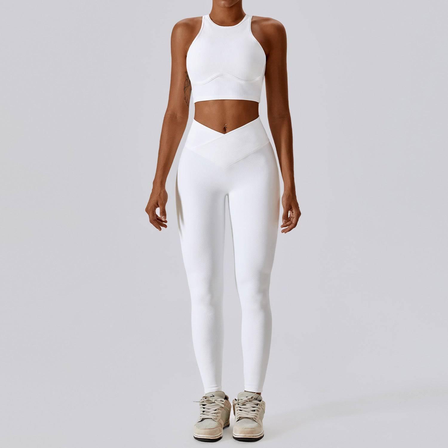 High-Rise Slim Fit Quick Drying Yoga Suit with Lace-Up Detail and Cutout Design  S -2 Bra Trousers Swan White 