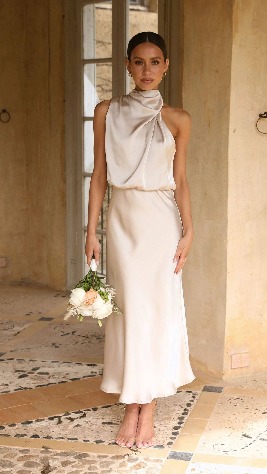 Satin Maxi Dress with Mock Neck and Cutout Detail for Sophisticated Women  S Apricot 