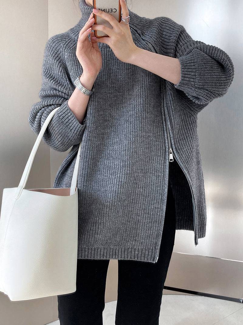 Lazy Casual Double Headed Zipper Turtleneck Sweater for Women  One Size Gray 