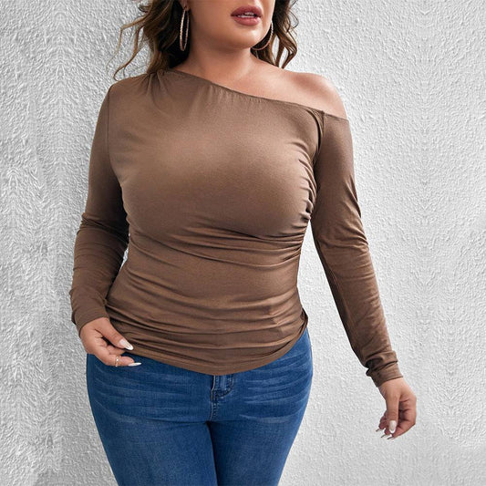 Elegant Plus Size Off the Shoulder Long Sleeve T-shirt  1XL Dark Brown 