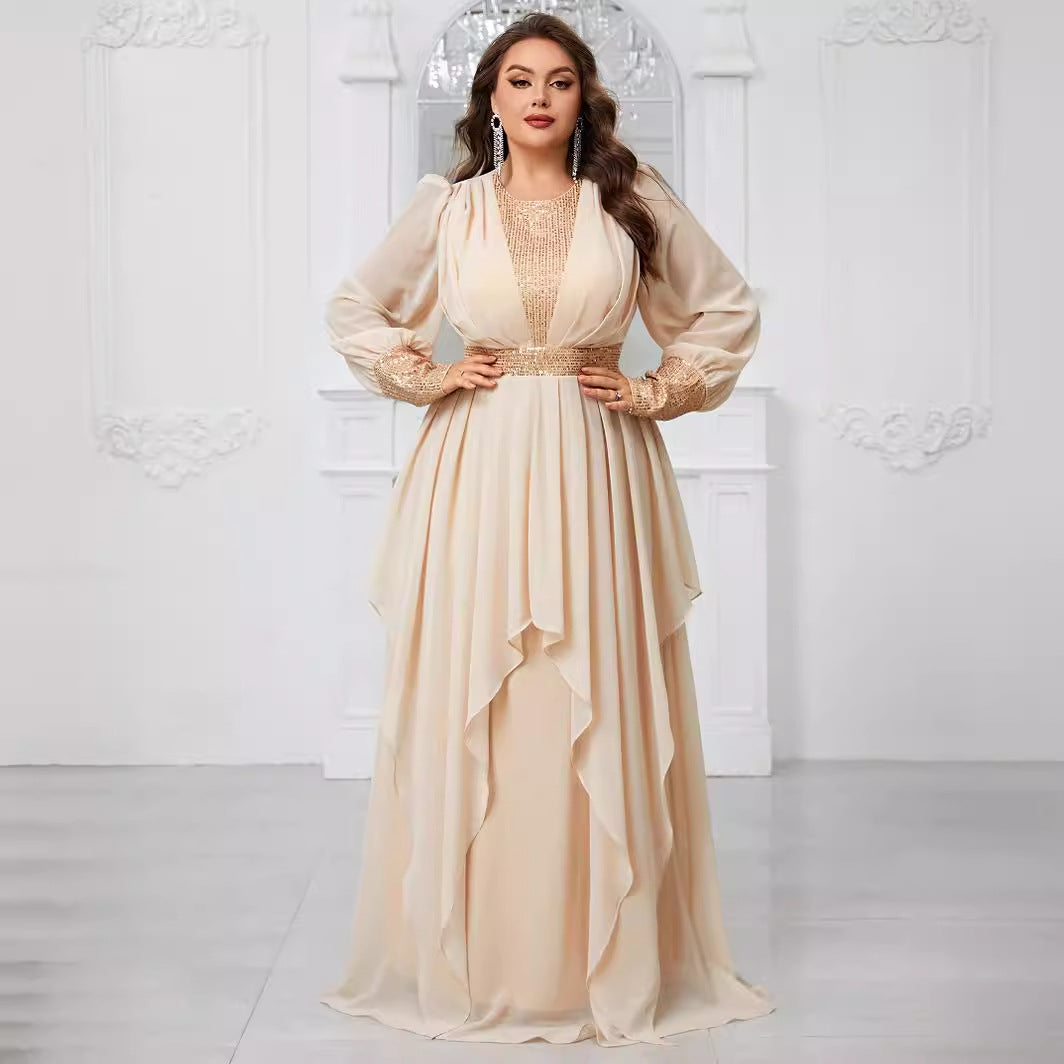 Plus Size Chiffon Stitching Sequined Lantern Sleeve Irregular Asymmetric Ruffles Elegant Party Dress - Wild Amber Fashion