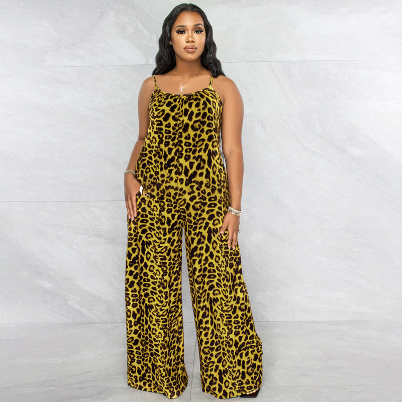 Plus Size New Jumpsuit Summer Leopard Print Sling Casual Jumpsuit - Wild Amber Fashion