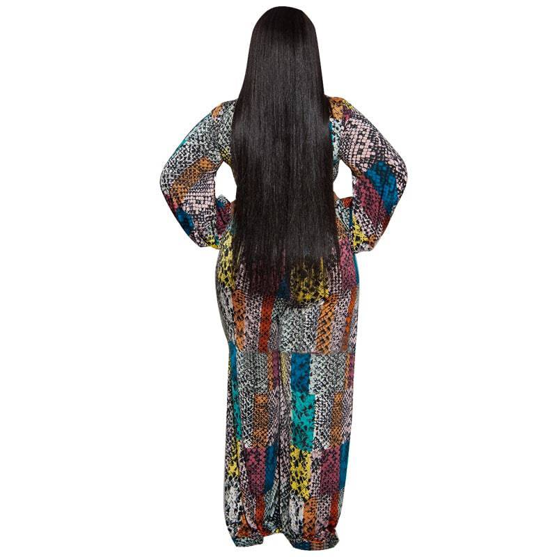 Plus Size Women Clothing Autumn Printed Large V neck Long Sleeve Jumpsuit - Wild Amber Fashion