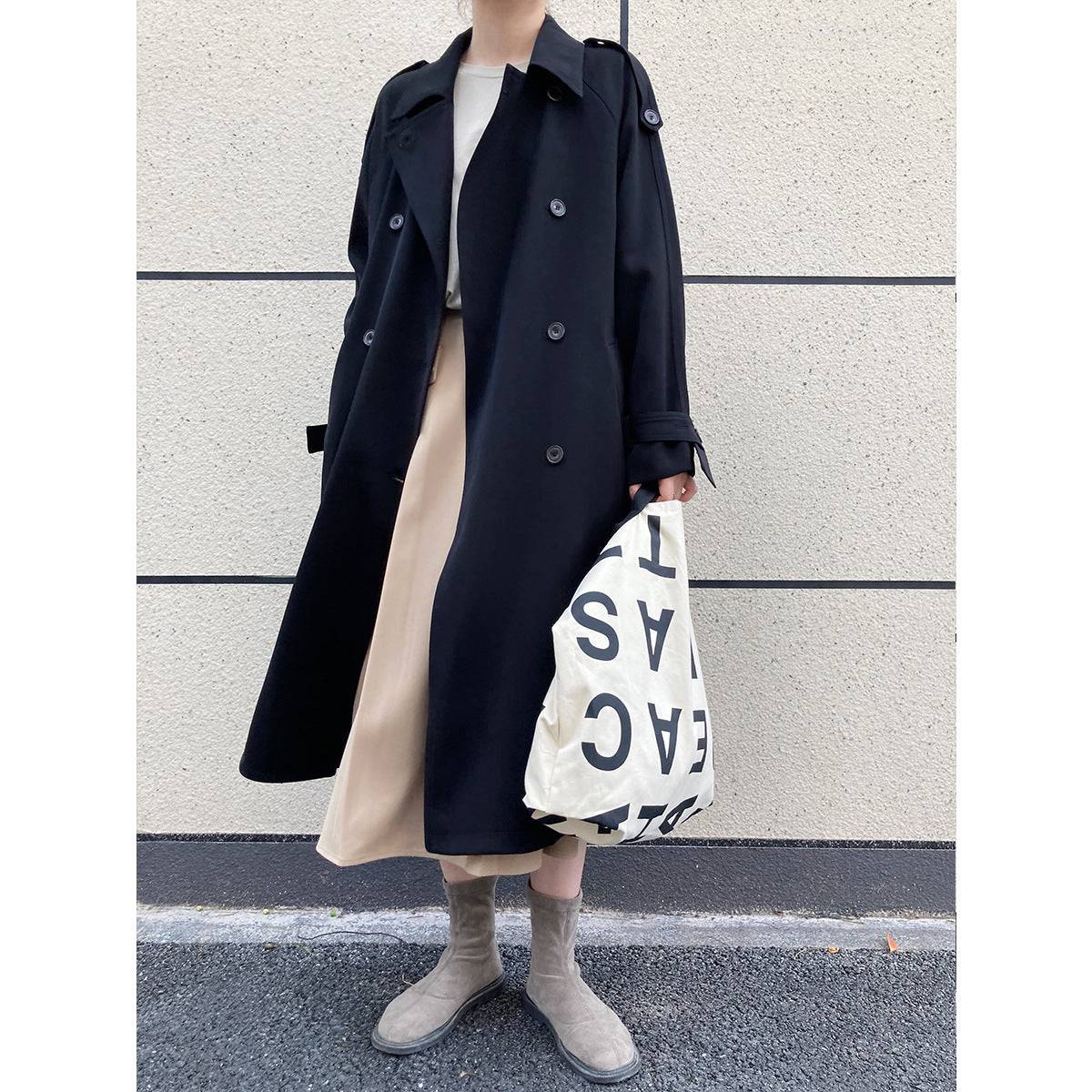 Main Promotion Autumn Draping British Loose Mid-Length over the Knee Trench Coat Female  S Black 