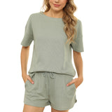 Rib Short-Sleeved Home Wear Solid Color Casual Two-Piece Pajamas Suit - Wild Amber Fashion