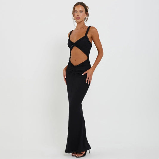 Summer Suspender Wooden Ear Collarless Cropped Sexy Slim Fit Jumpsuit Maxi Dress Women - Wild Amber Fashion