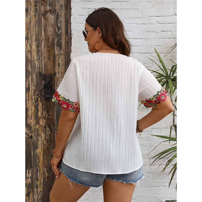 Plus Size Women Summer V Neck Loose Pullover Top Embroidered Edge Short Sleeved Shirt Women Shirt - Wild Amber Fashion