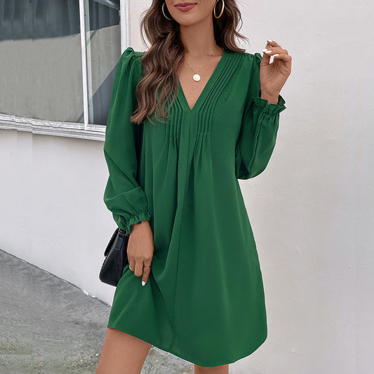 Patchwork Dress Autumn Women Clothing V neck Pleating Long Sleeve Dress - Wild Amber Fashion