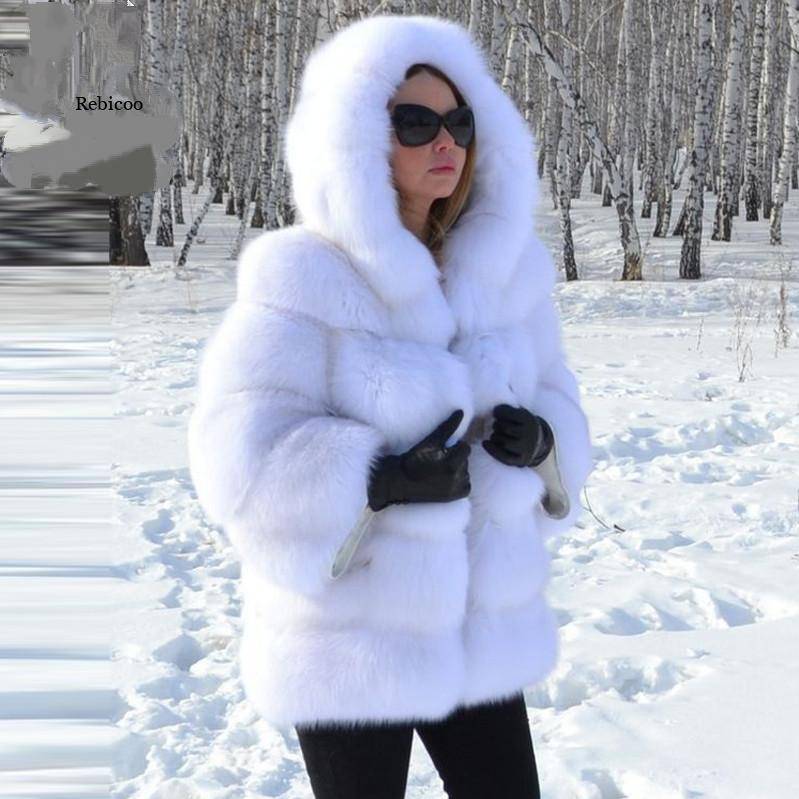 Elegant Slim Fit Faux Fur Coat with Hood for Women  S White 