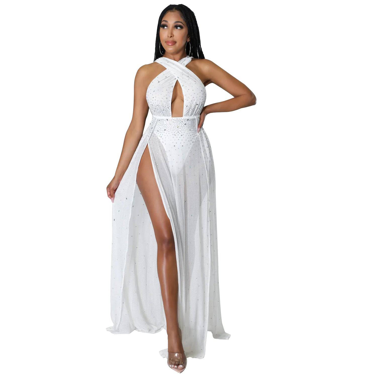 Seductive Rhinestone Embellished Mesh Maxi Dress for Autumn/Winter  S White 