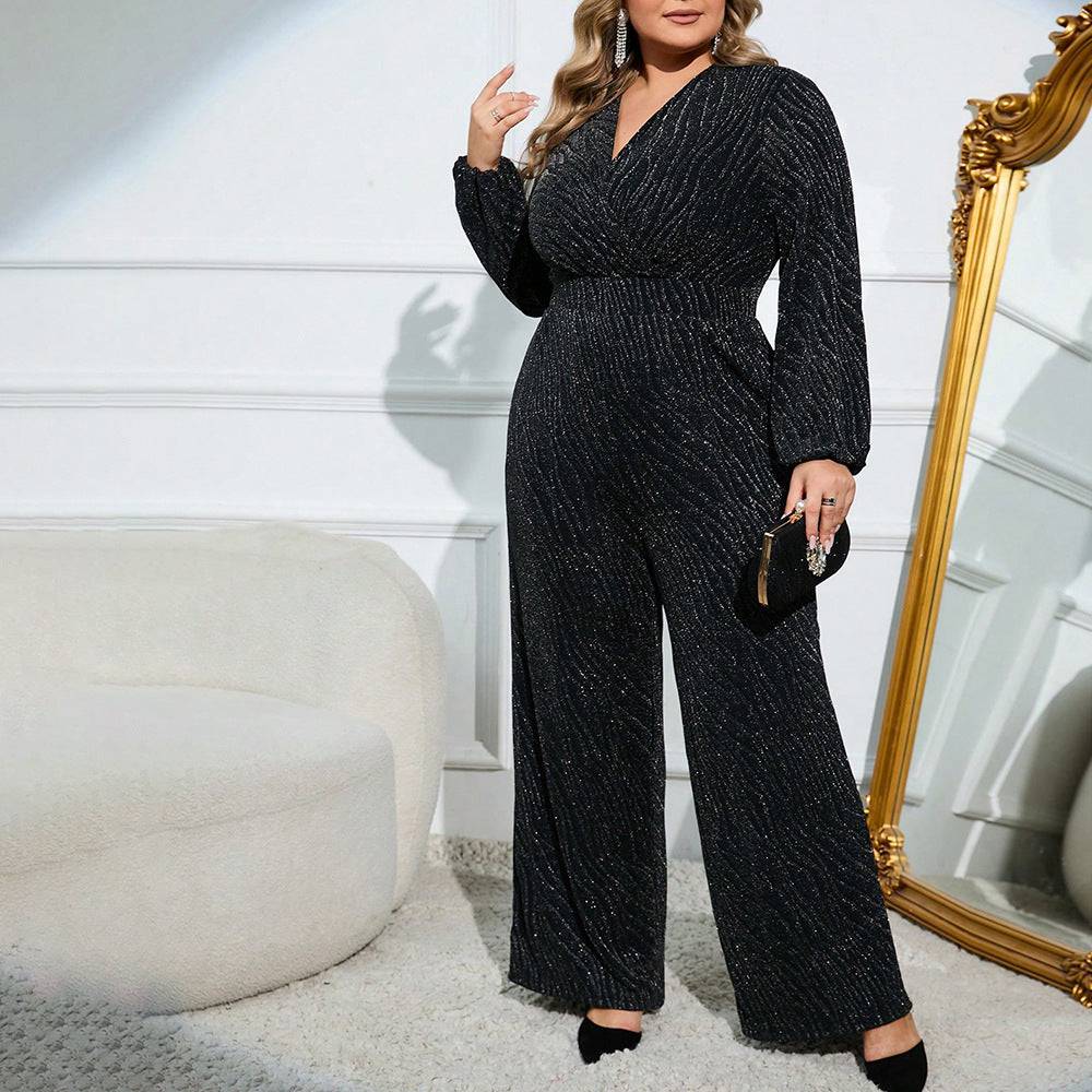 Plus Size Autumn Velvet V-Neck Wide Leg Jumpsuit  XL Black 