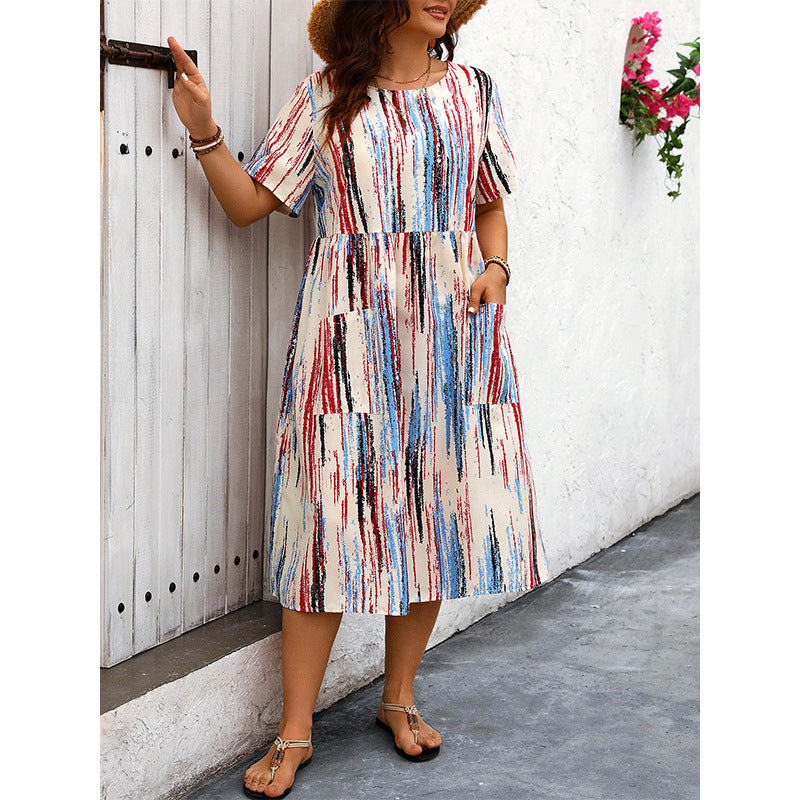 Plus Size Women Striped Printed Dress Spring Summer Product Loose Casual Pocket Maxi Dress - Wild Amber Fashion