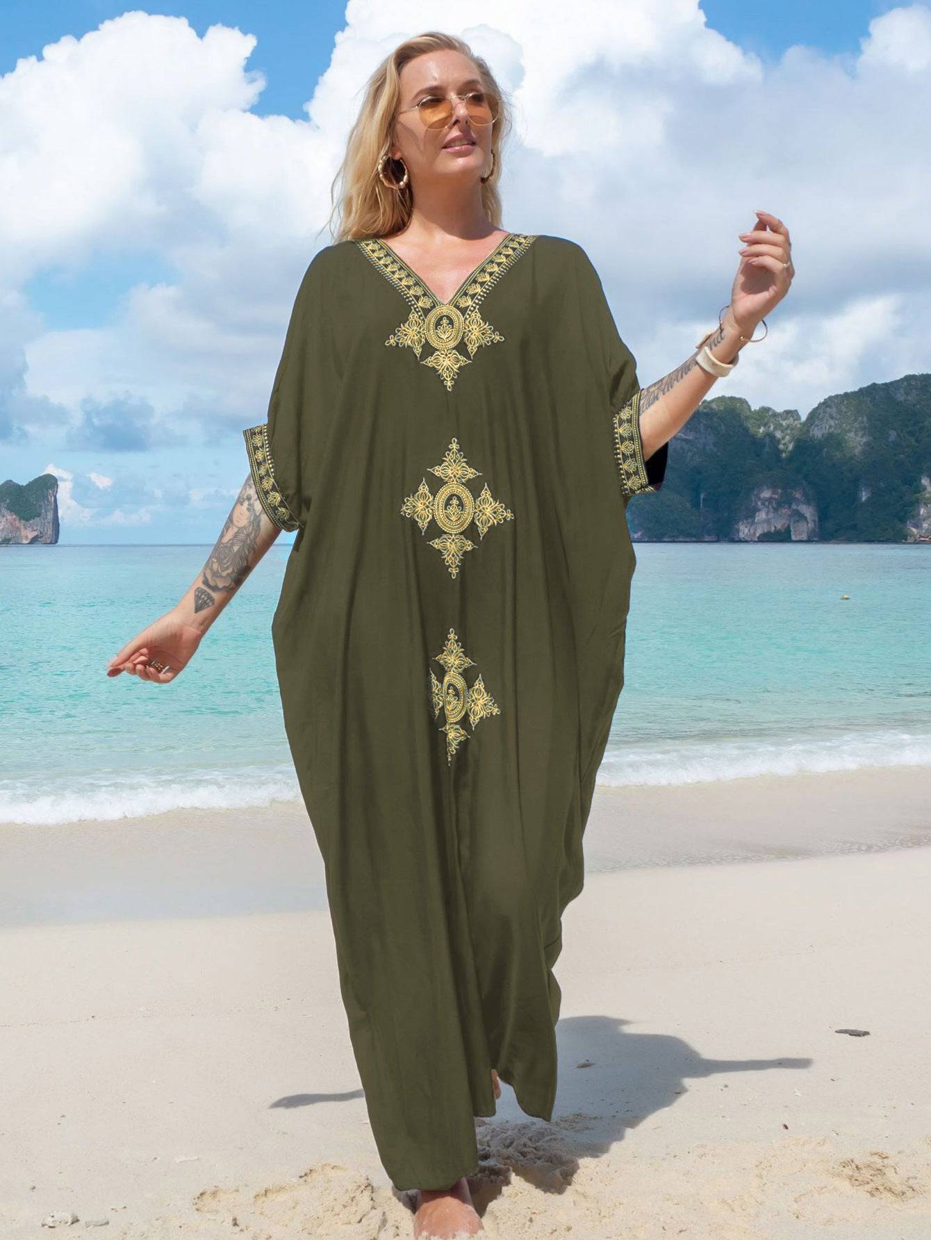 Glamorous Rayon Gold Thread Embroidery Beach Cover Up  One Size Army Green 