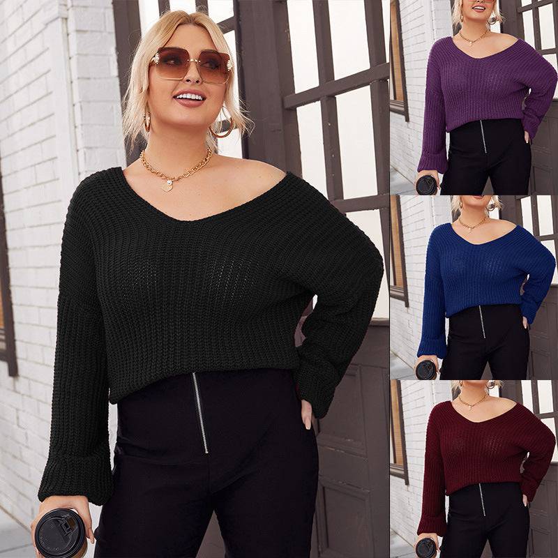 Plus Size Real Shot Women Clothing Autumn Winter V neck Knitted Sweater for Women - Wild Amber Fashion