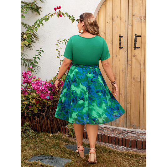 Plus Size Summer Green Printing Dress Waist Trimming Slimming Dress Women - Wild Amber Fashion