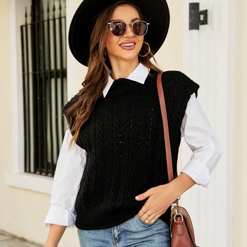 Knitted Top Autumn Winter Wild Knitted Woolen Vest Outer Wear Bandage Dress Round Neck Sleeveless Sweater  S Black 