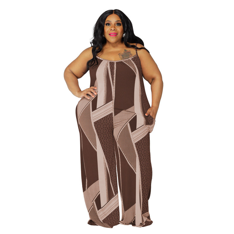 Plus Size Suspender Printed Loose Casual Women Clothing One-Piece Trousers - Wild Amber Fashion