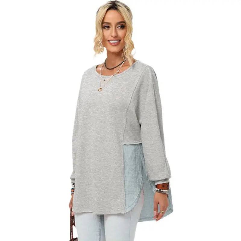 Frayed Asymmetric Long-Sleeved Top for Women in Solid Color  S Gray 