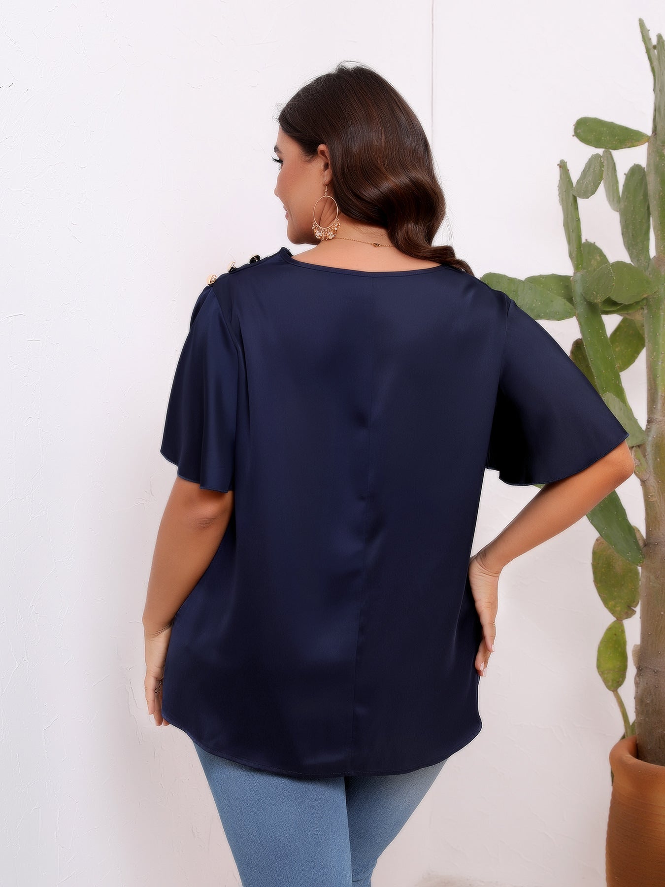 Plus Size Women Clothing Solid Color Satin Artificial Silk Pullover Oblique Shoulder Button Pleated Ruffle Sleeve Office Top Women Shirt - Wild Amber Fashion