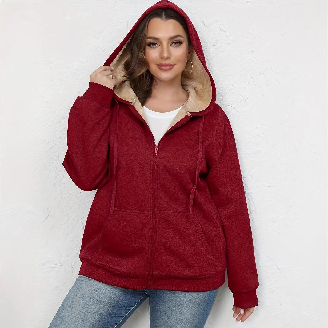 plus Size Women Clothing Winter Warm Plush Hoodie Coat