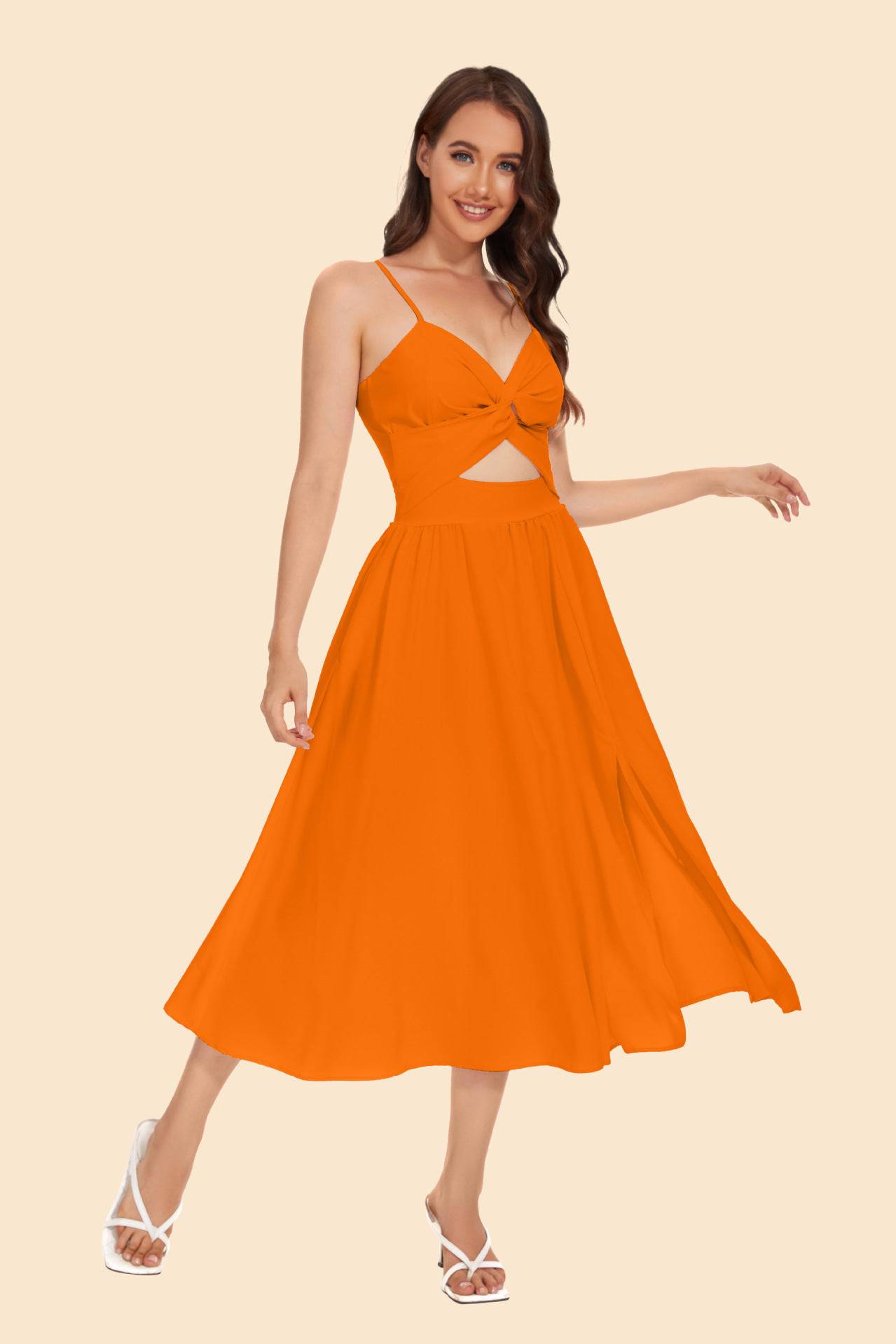 Summer Sweet Macaron Color Sling Waist Maxi Dress  S Orange 