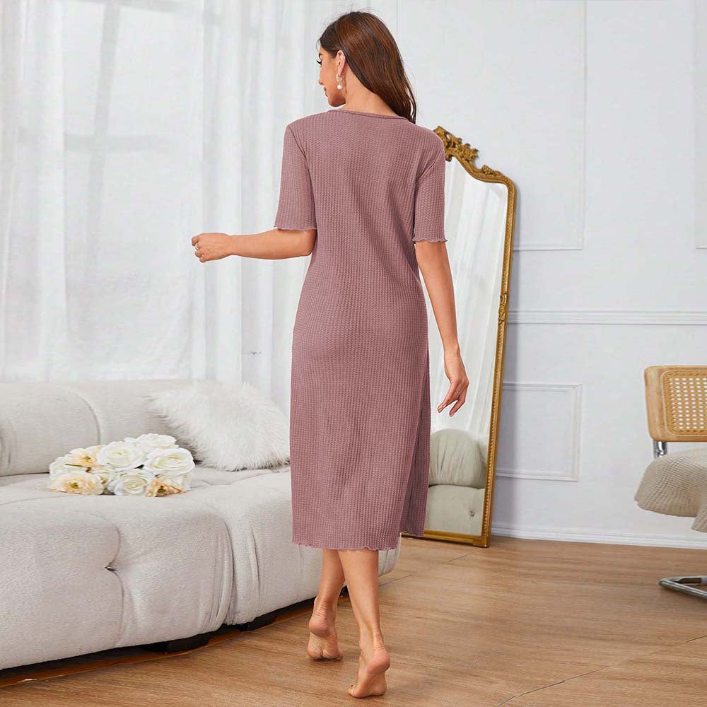 V neck One Step Summer Simple Comfortable High Grade Mid Length Night Dress Women - Wild Amber Fashion