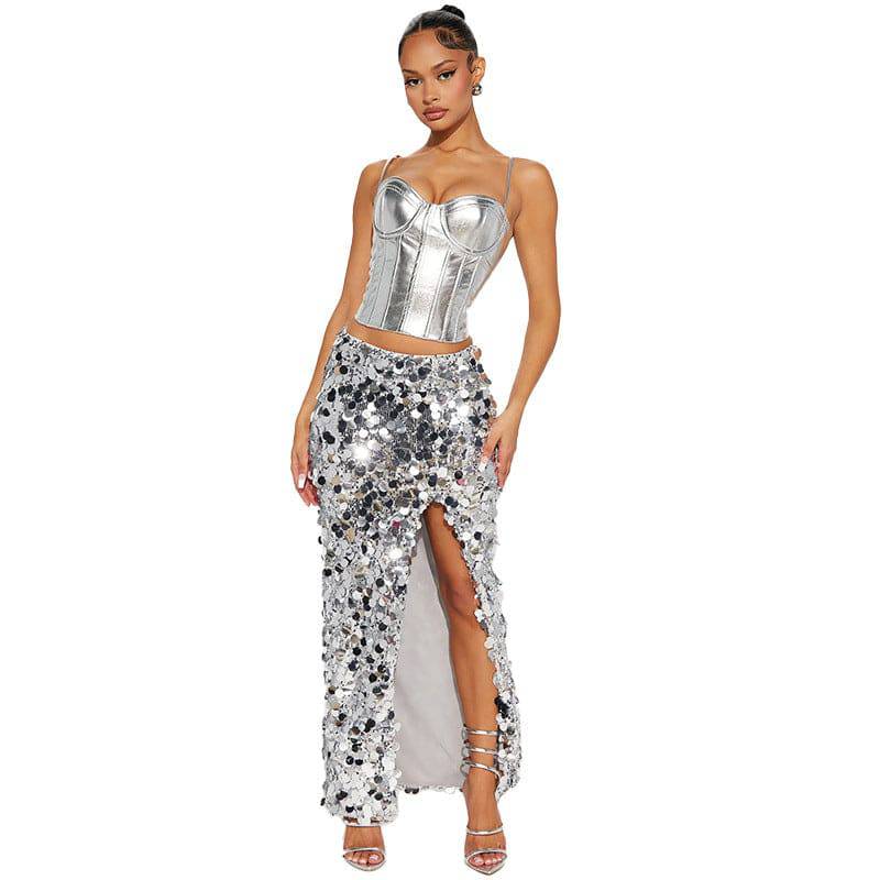 Sparkling Sequin Maxi Dress with Stylish Slit  S Multi 