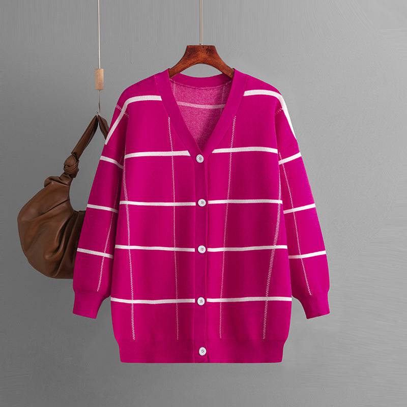 Knitted Plaid Cardigan for Women - Perfect for Autumn and Winter  One Size Coral Red 