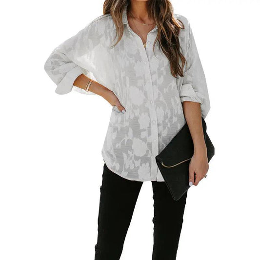 Women's Loose Fit Long Sleeve Button-Up Shirt in Solid Color  S White 